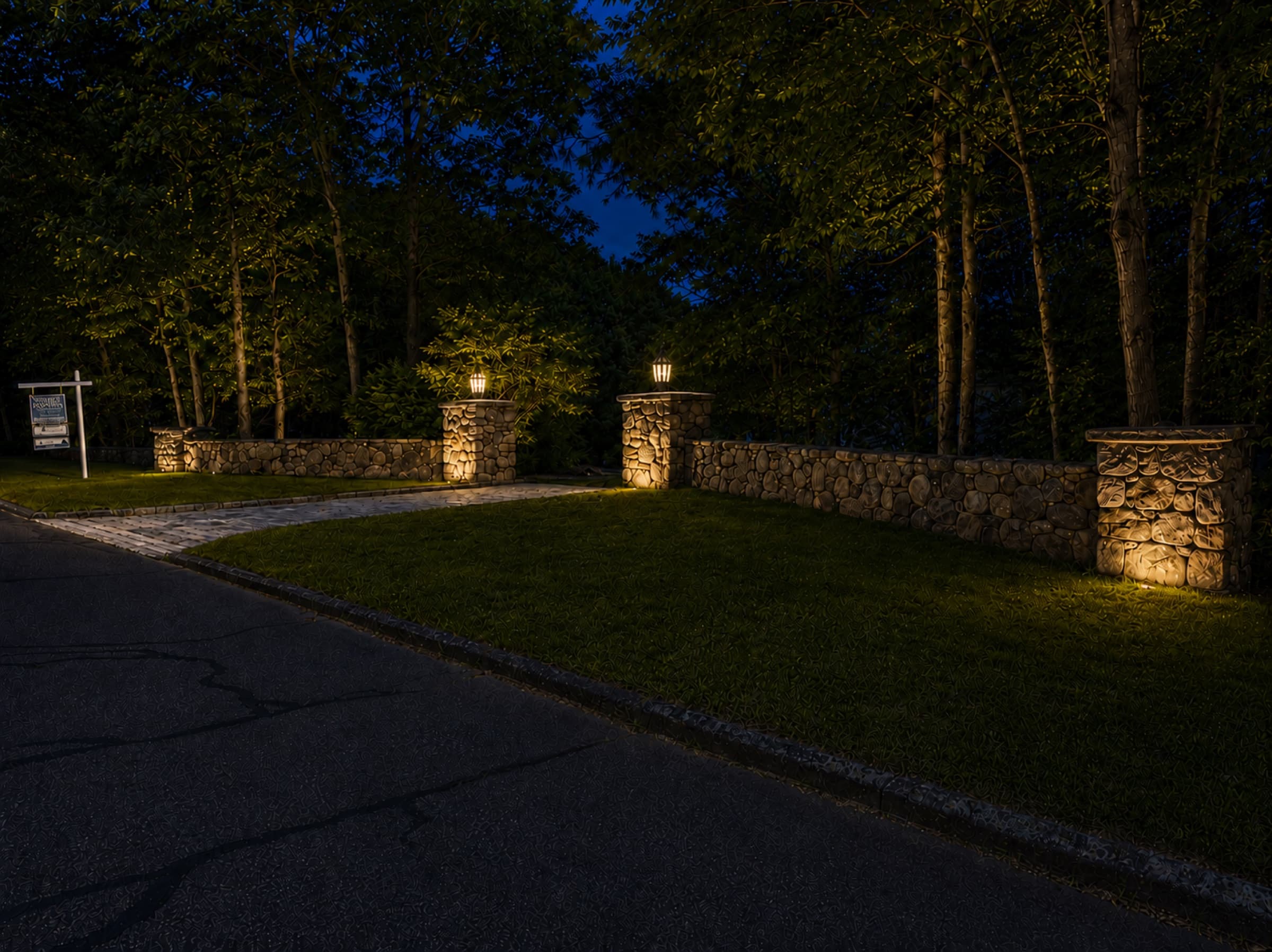 Warm light across the front elevation and surrounding planting