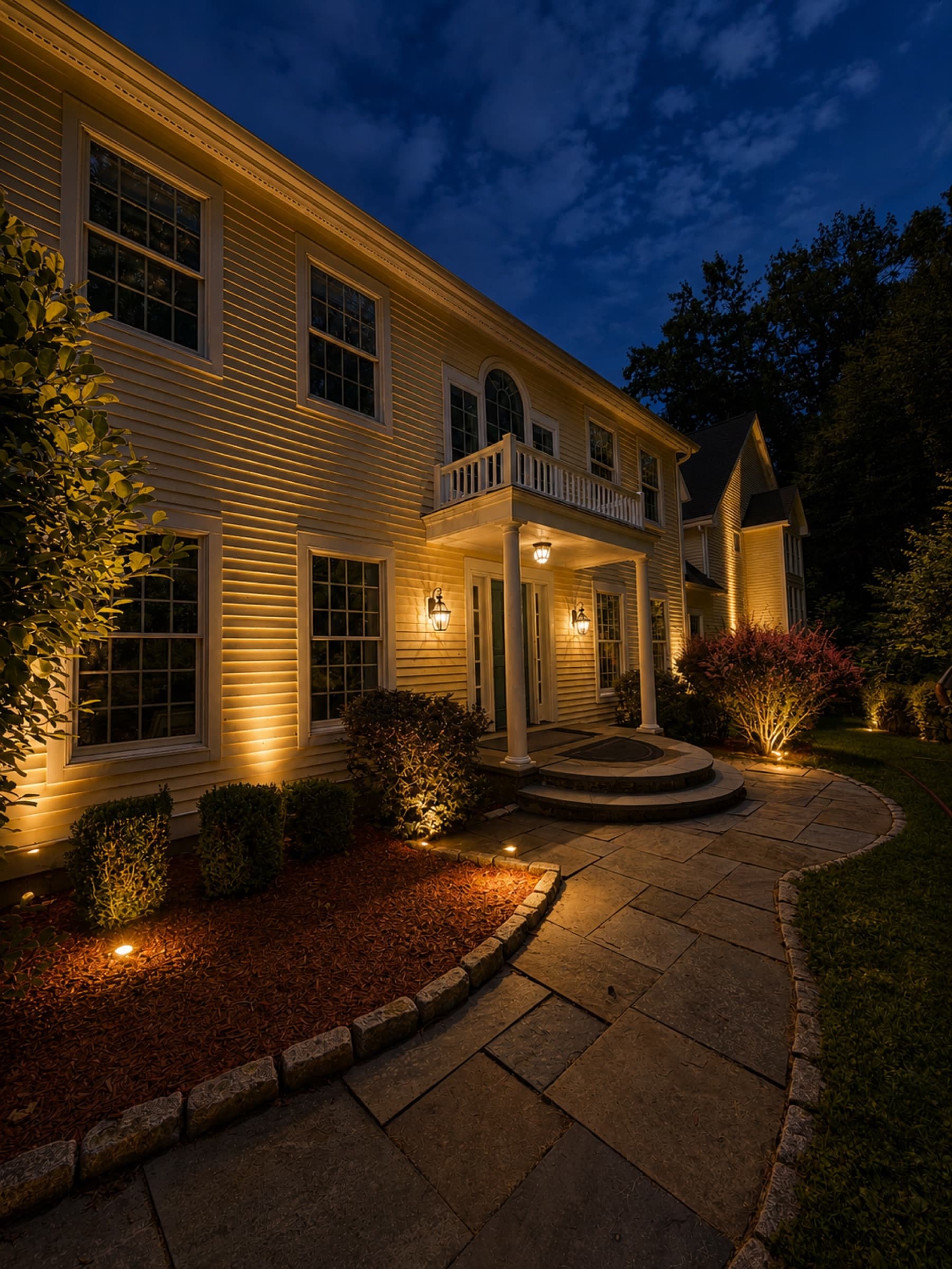 Clapboard façade grazed with warm light, path and beds lit to the entrance