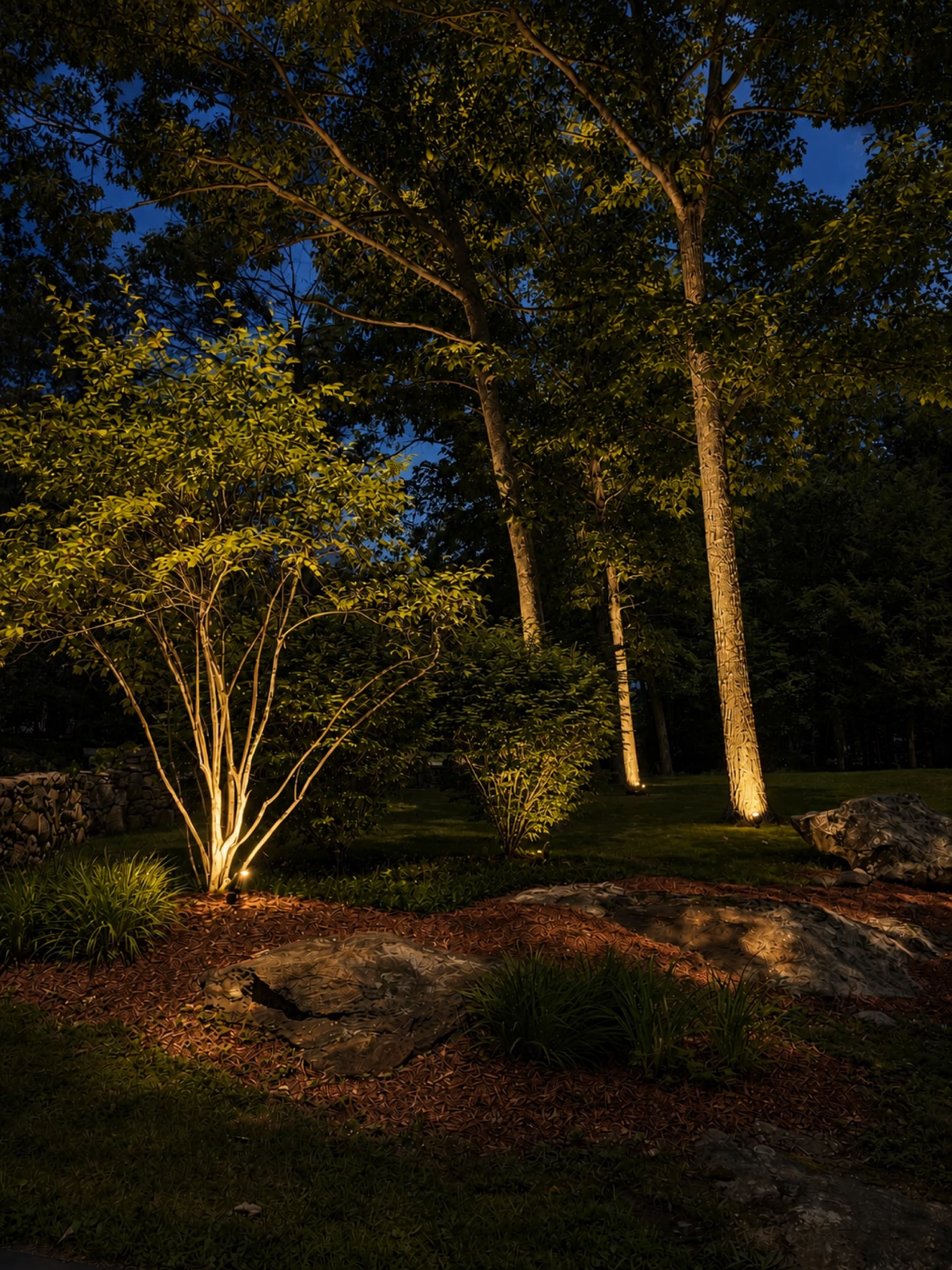 The lit house and planting seen from the lawn