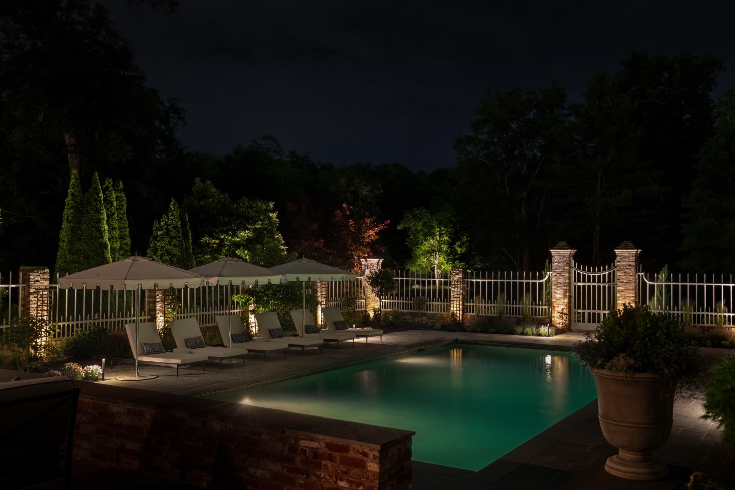 Pool terrace lit for the evening