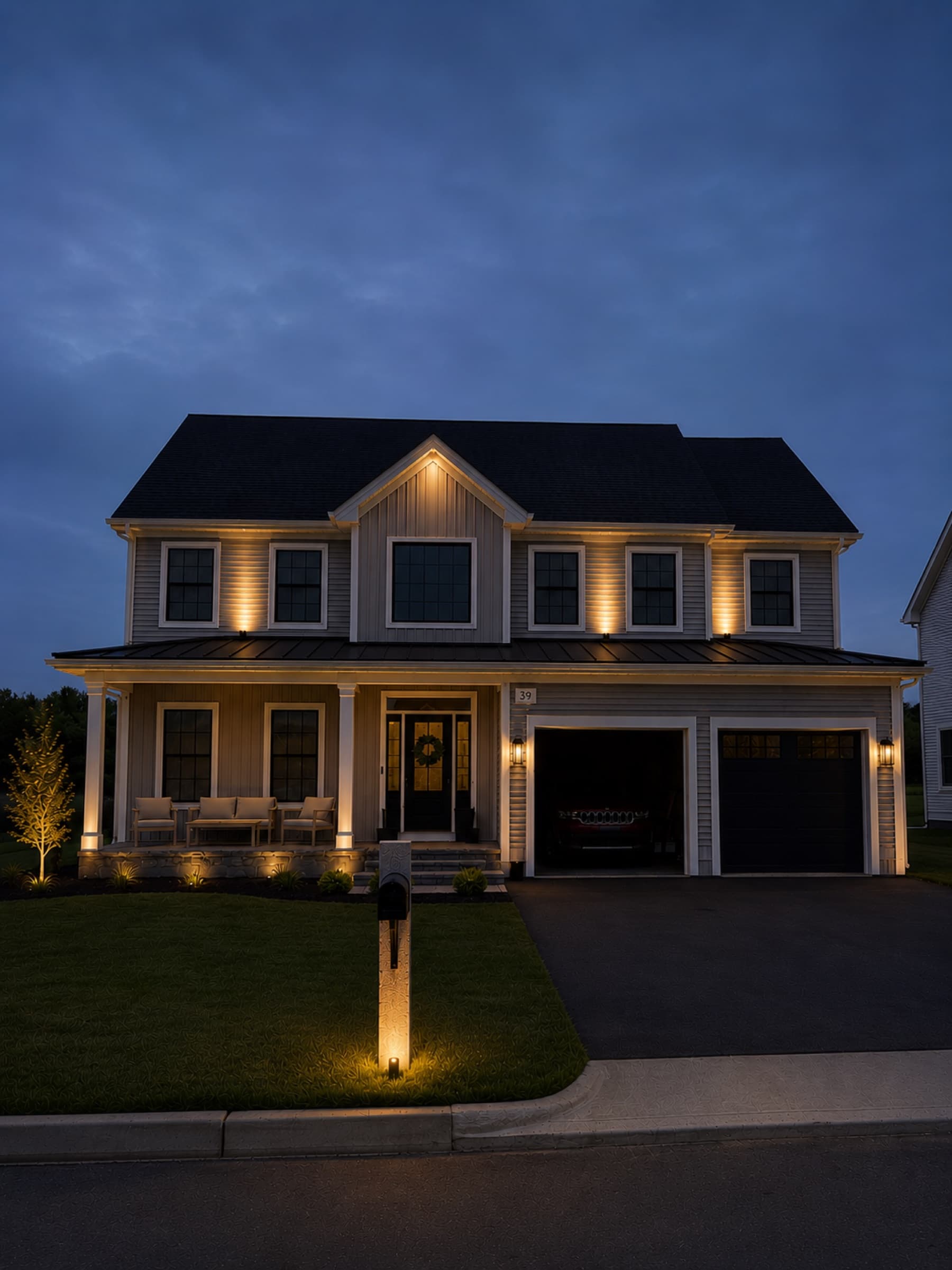 Downlit porch, columns and garage bays across the front of the house at dusk